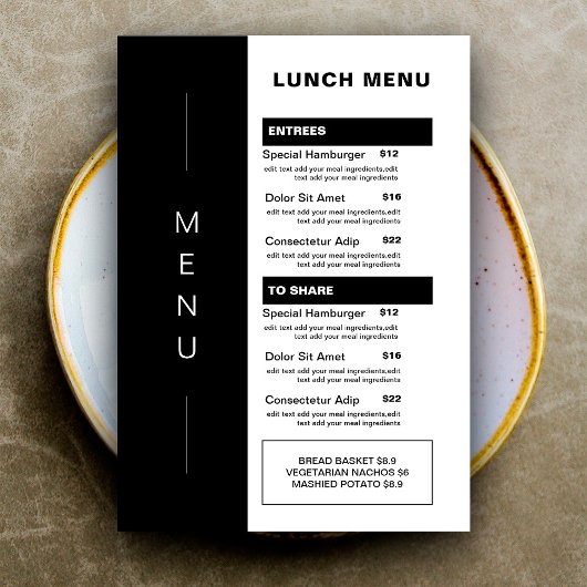 Modern zwart restaurant lunchmenu | Prijslijst Menu