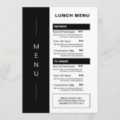 Modern zwart restaurant lunchmenu | Prijslijst Menu (Voorkant)