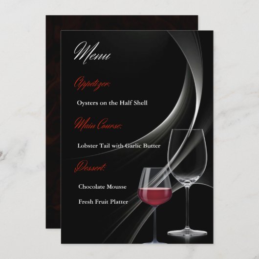 Modern Zwart & Rood Wijn Glas Trouw Menu Kaart (Voorkant / Achterkant)