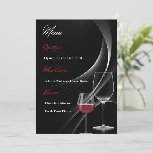 Modern Zwart & Rood Wijn Glas Trouw Menu Kaart (Staand voorkant)