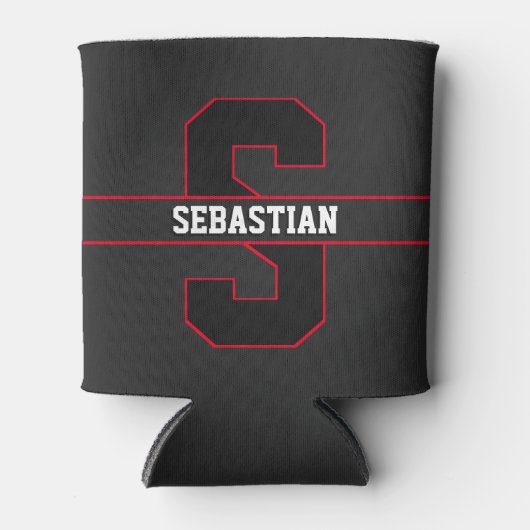 Modern Zwart Rood Wit Gepersonaliseerd Monogram Blikjeskoeler (Voorkant)