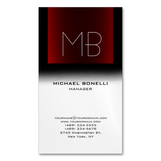 Modern zwart rood wit stijlvol monogram magnetisch visitekaartje (Voorkant Verticaal)