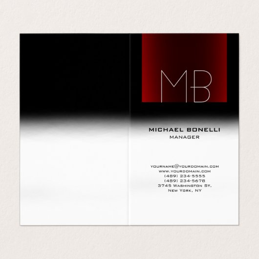 Modern zwart rood wit stijlvol monogram visitekaartje (Buitenkant ongevouwen)