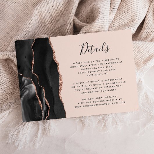 Modern Zwart Roos Gold Agaat Blush Wedding Details Informatiekaartje