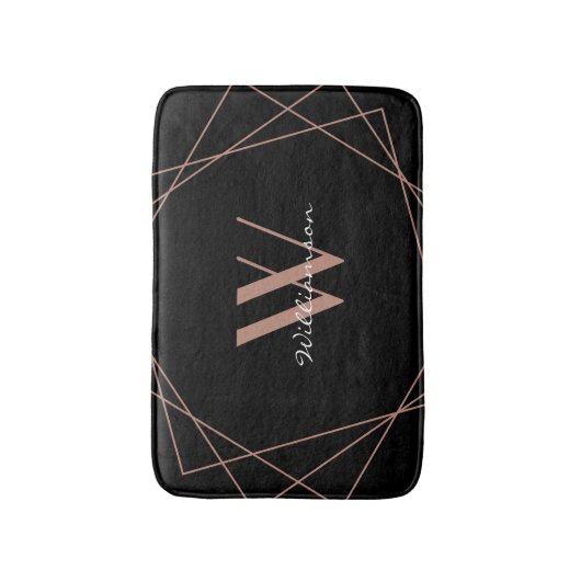 Modern zwart Roos Gold Elegant Monogram Script Badmat (Voorkant Verticaal)