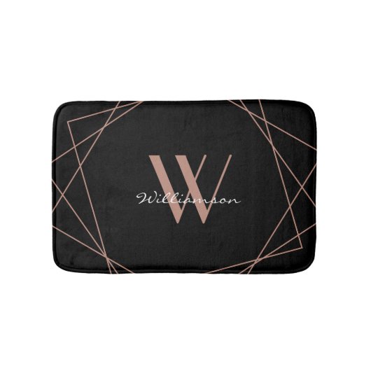 Modern zwart Roos Gold Elegant Monogram Script Badmat (Voorkant)