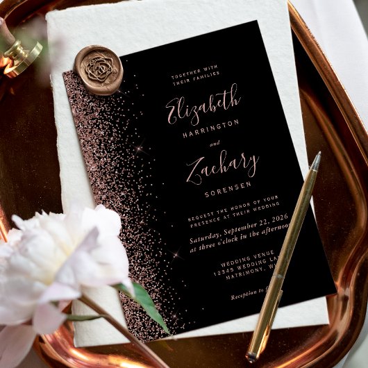 Modern zwart Roos Gold Faux Glitter Edge Wedding Kaart