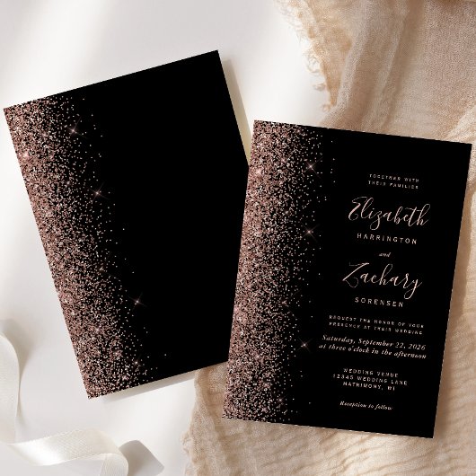 Modern zwart Roos Gold Faux Glitter Edge Wedding Kaart