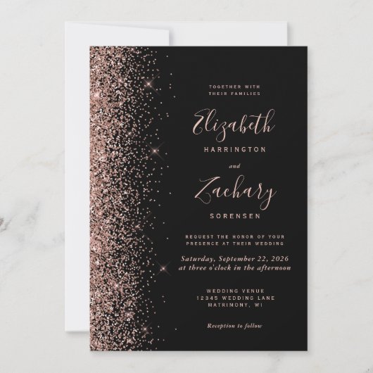 Modern zwart Roos Gold Faux Glitter Edge Wedding Kaart (Voorkant)