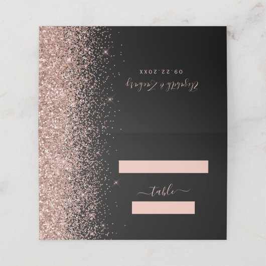 Modern zwart Roos Gold Glitter Edge Wedding Plaatskaartje (Buitenkant ongevouwen)