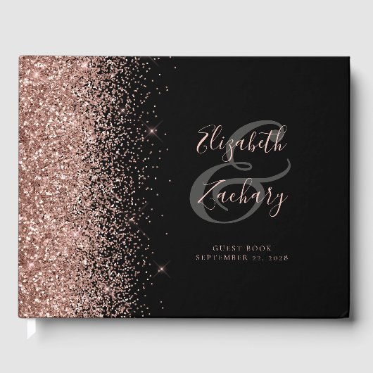 Modern zwart Roos Gold Glitter Script Gastenboek (Voorkant)