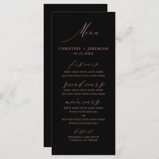 Modern zwart Roos Gold legant Script Weddenschap Menu (Voorkant / Achterkant)