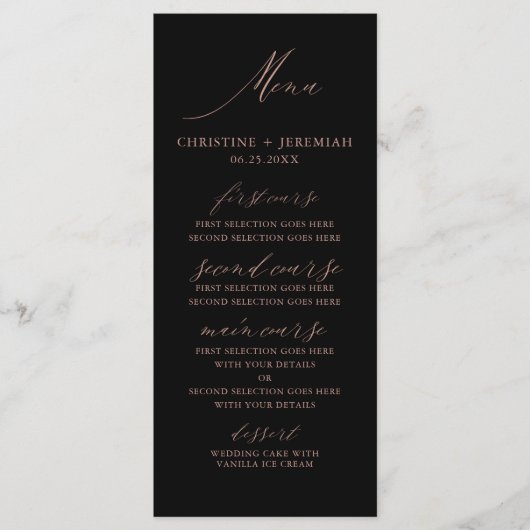 Modern zwart Roos Gold legant Script Weddenschap Menu (Voorkant)