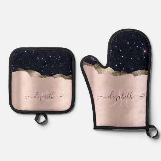 Modern zwart Roos Gold Monogram Ovenwant & Pannenlap Set (Voorkant)