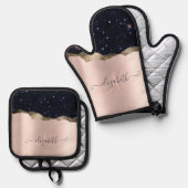 Modern zwart Roos Gold Monogram Ovenwant & Pannenlap Set (Voorkant / Achterkant)