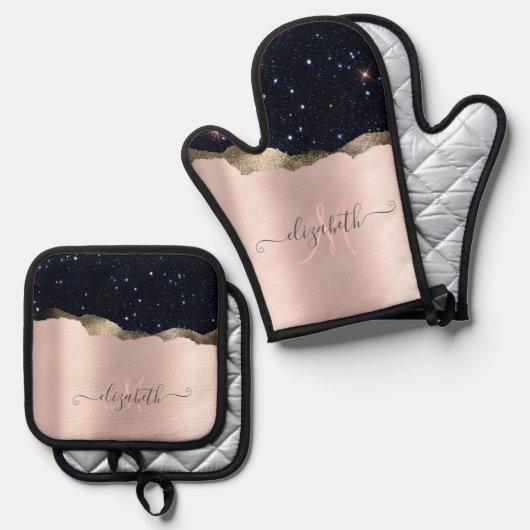 Modern zwart Roos Gold Monogram Ovenwant & Pannenlap Set (Voorkant / Achterkant)