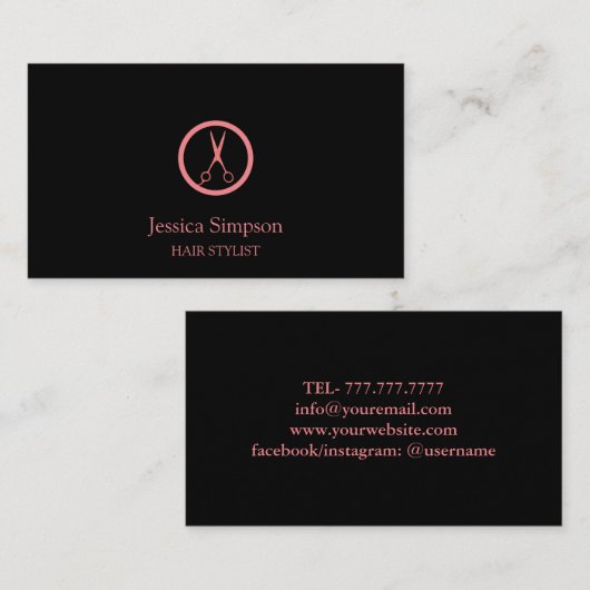 Modern Zwart & Roos Goud Haar Stylist Haarsalon Visitekaartje (Voorkant / Achterkant)
