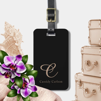 Modern Zwart & Roos Goud Initiaal Monogram Bagagelabel