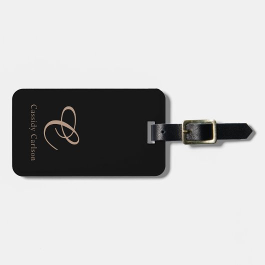 Modern Zwart & Roos Goud Initiaal Monogram Bagagelabel (Voorkant horizontaal)