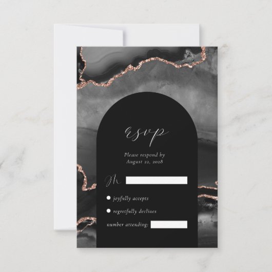 Modern zwart Roos gouden agaat boog bruiloft RSVP Kaartje (Voorkant)