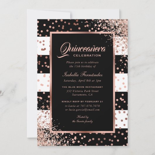 Modern Zwart Roos Gouden Confetti Quinceañera Kaart (Voorkant)