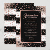 Modern Zwart Roos Gouden Confetti Quinceañera Kaart (Voorkant / Achterkant)