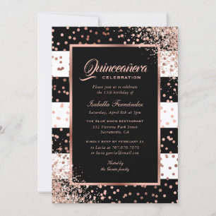 Modern Zwart Roos Gouden Confetti Quinceañera Kaart
