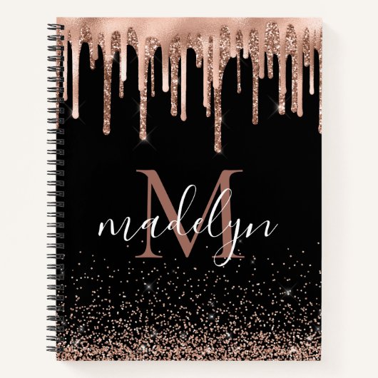 Modern Zwart & Roos Gouden Glitter Monogrammed Notitieboek (Voorkant)