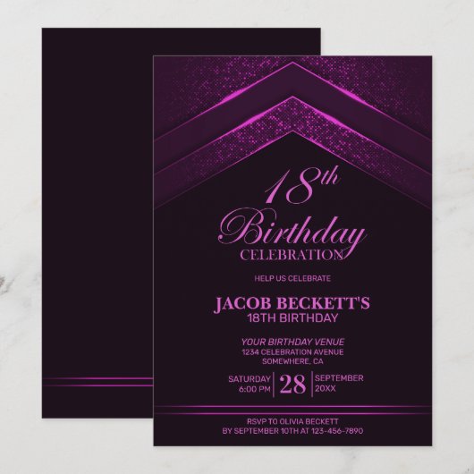 Modern Zwart Roze 18e Verjaardagsfeest Kaart (Voorkant / Achterkant)