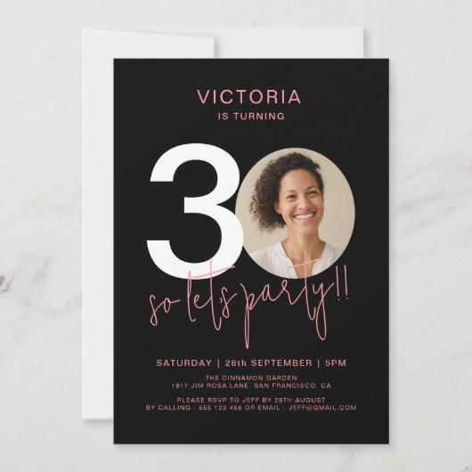 Modern Zwart Roze 30e verjaardag Kaart (Voorkant)
