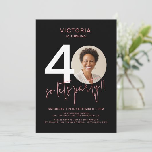 Modern Zwart Roze 40e Verjaardag Kaart (Staand voorkant)