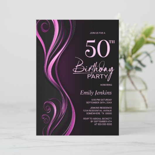 Modern Zwart Roze 50ste Verjaardagsfeest Kaart (Staand voorkant)