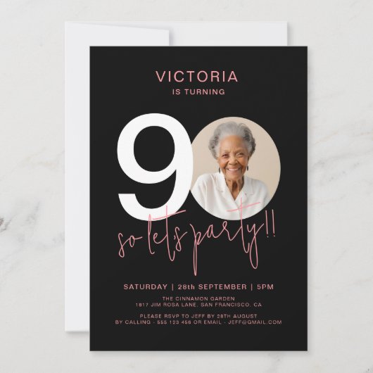 Modern zwart roze 90ste verjaardag kaart (Voorkant)