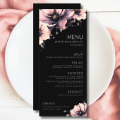 Modern Zwart Roze Bloemen Bruiloft Menu