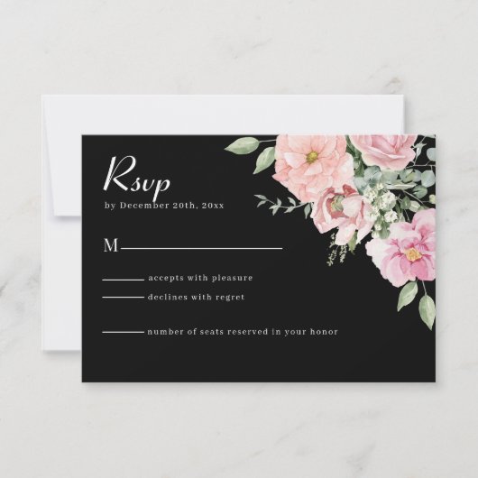 Modern Zwart & Roze Bloemen Huwelijk RSVP Kaart (Voorkant)