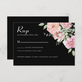 Modern Zwart & Roze Bloemen Huwelijk RSVP Kaart