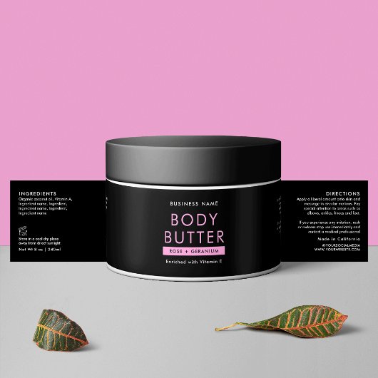Modern Zwart & Roze Body Butter Cosmetische Jar La Waterfles Etiket