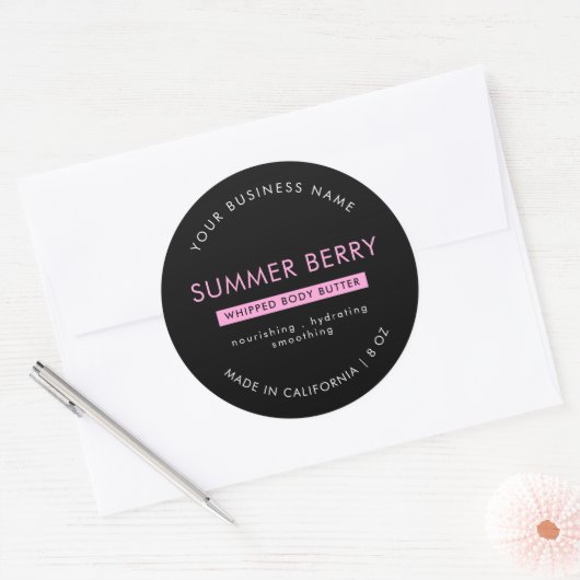 Modern Zwart & Roze Body Butter Cosmetische Potdek Ronde Sticker (Envelop)