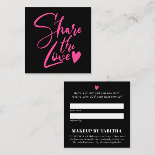 Modern zwart roze delen de liefde script typografi aanbevelingskaartje (Voorkant / Achterkant)