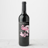 Modern Zwart Roze Flamingo Verjaardag Wijn Etiket (Voorkant)