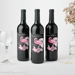 Modern Zwart Roze Flamingo Verjaardag Wijn Etiket