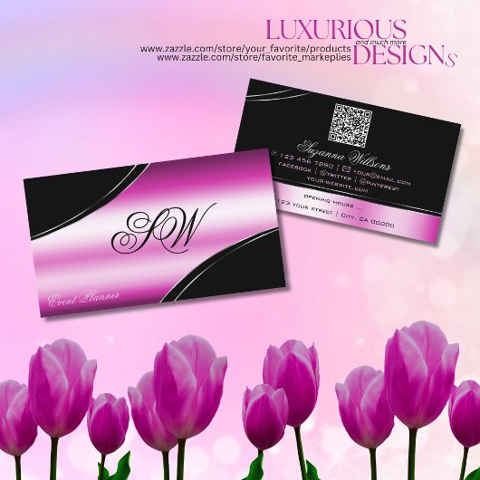 Modern zwart roze gebogen lijnen monogram QR-code Visitekaartje