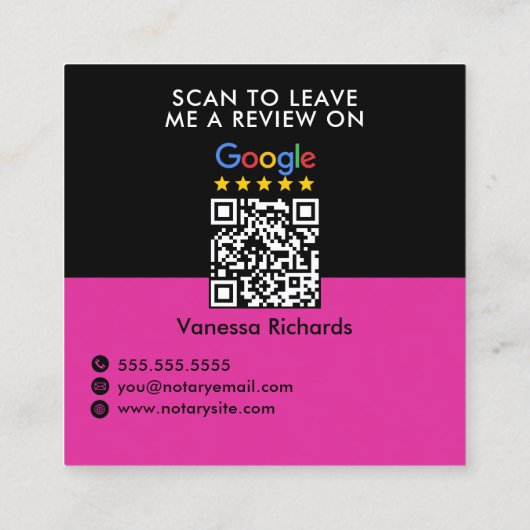 Modern Zwart & Roze Google Review QR Code Notaris Vierkante Visitekaartje (Achterkant)