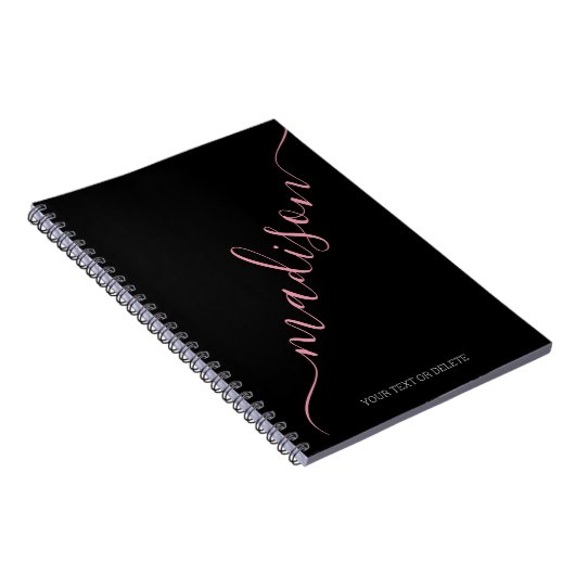 Modern zwart roze handgeschreven naam monogram notitieboek (Rechterzijde)