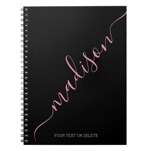 Modern zwart roze handgeschreven naam monogram notitieboek (Voorkant)