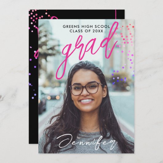 Modern Zwart Roze High School Confetti Afstuderen Aankondiging (Voorkant / Achterkant)