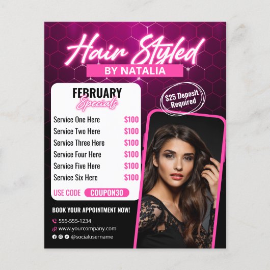Modern Zwart & Roze Kapsalon Special Flyer (Voorkant)