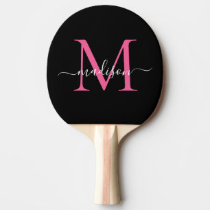 Modern Zwart Roze Monogram Elegant Script Naam Tafeltennisbatje