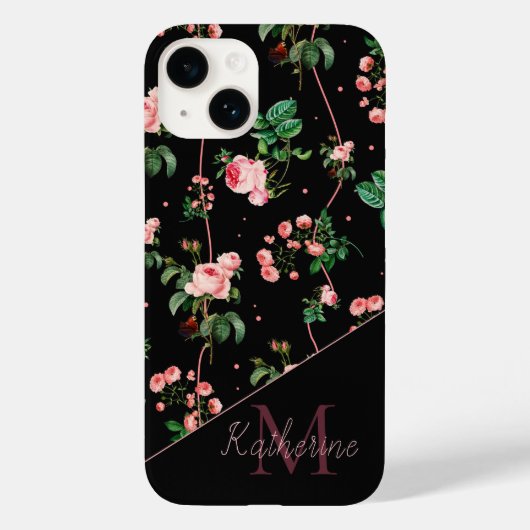 Modern zwart roze monogram met  bloemen Case-Mate iPhone case (Achterkant)
