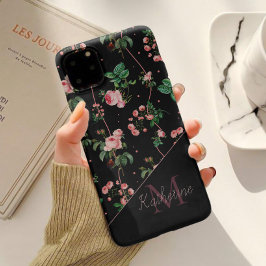 Modern zwart roze monogram met  bloemen Case-Mate iPhone 14 hoesje